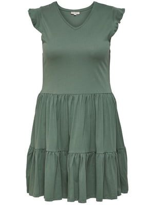 Сукня кольору хакі з V-образним вирізом горловини та оборками | 6722509