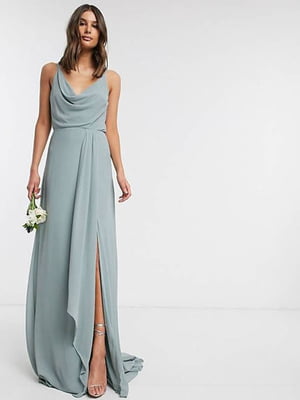 Вечірня сукня-міді  кольору ніжного хакі з глибоким розрізом на гнозі | 6723751