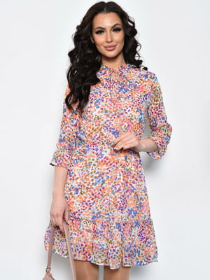 Платье шифоновое персикового цвета с разноцветными узорами | 6725810