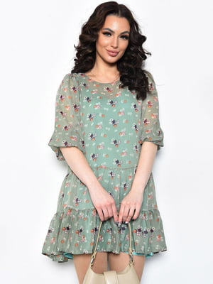 Платье шифоновое оливкового цвета в цветочный принт | 6725818