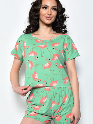Пижама летняя шорты и футболка салатовая с принтом | 6726215