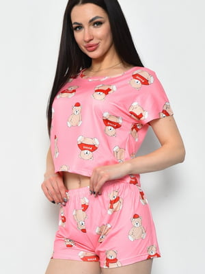 Пижама летняя шорты и футболка розовая с принтом | 6726219