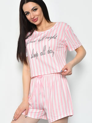 Пижама летняя шорты и футболка бело-розовая | 6726222