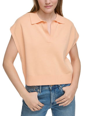 Оранжевая майка с рубашечным воротником и V-образным вырезом | 6729641