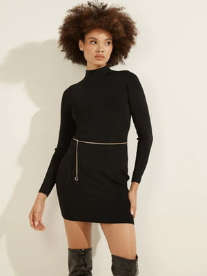 Черное приталенное платье с элегантным вырезом на спине и воротником-стойкой | 6729651