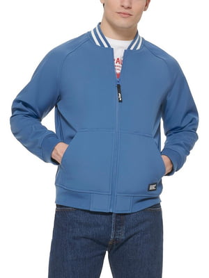 Куртка-бомбер синего цвета на флисе с контрастными полосками на воротнике | 6729675