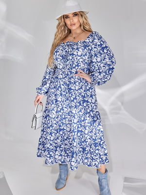 Ніжна синя сукня А-силуету з вирізом каре на грудях | 6730499