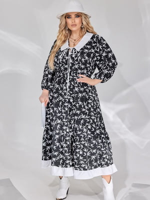 Вишукана чорна сукня А-силуету з білим коміром та збіркою на талії | 6730501