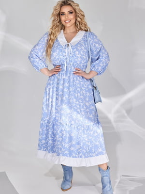 Вишукана блакитна сукня А-силуету з білим коміром та збіркою на талії | 6730502