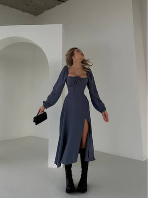 Сукня з мусліну графітового кольору з вирізом “каре” та шнурівкою на спині | 6730628