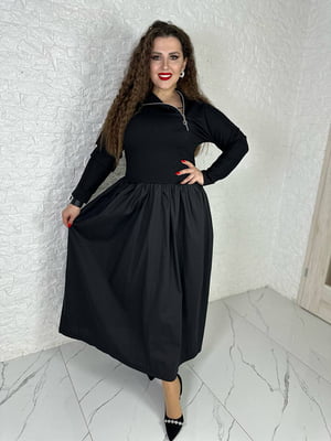 Комбінована сукня вільного крою чорного кольору з блискавкою та двома потайними кишенями | 6730631