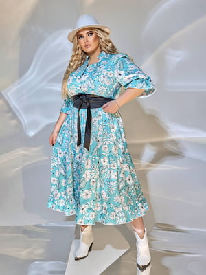 Сукня бірюзового кольору в квітковий принт з рюшами та коміром-стійкою | 6730634