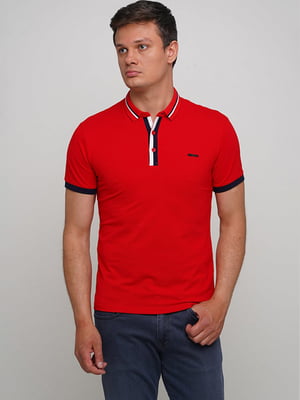 Красная футболка-поло с контрастными вставками и логотипом бренда | 6726434