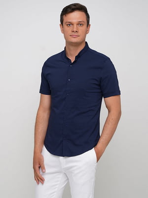 Синяя хлопковая рубашка с коротким рукавом | 6726526