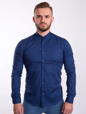 Синяя классическая рубашка с воротником-стойкой | 6726574