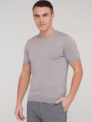 Світло-сіра футболка з ребристими манжетами та оздобленням горловини | 6727161