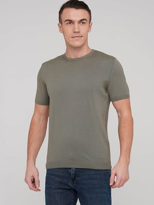Зелена футболка з ребристими манжетами та оздобленням горловини | 6727162