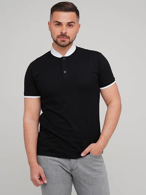 Хлопковая черная футболка-поло с контрастным воротником и манжетами | 6727318