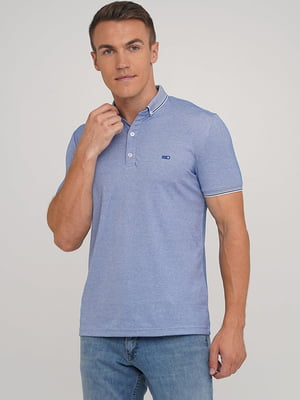 Синяя футболка-поло с полосатыми воротником и манжетами | 6727517
