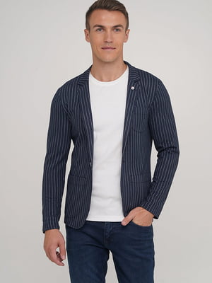 Полосатый синий пиджак с накладными карманами | 6727542