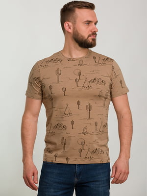 Бавовняна футболка кавового кольору з принтом | 6728124