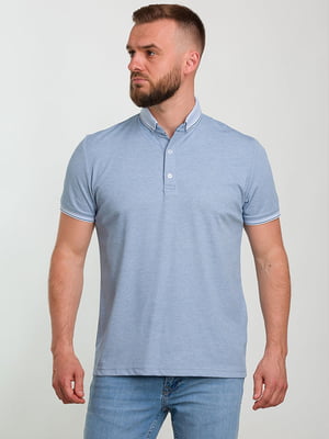 Голубая футболка-поло с полосатым воротником и манжетами | 6728234