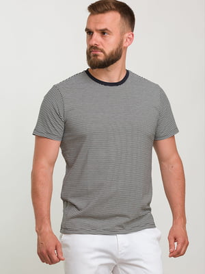 Бавовняна смугаста футболка з однотонною окантовкою горловини | 6728300