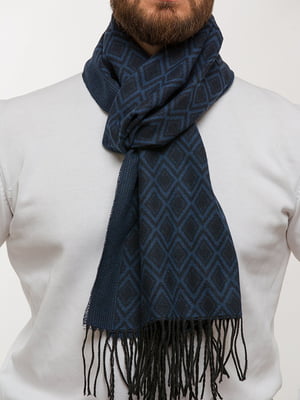 Синий шерстяной шарф с узором и бахромой | 6728712