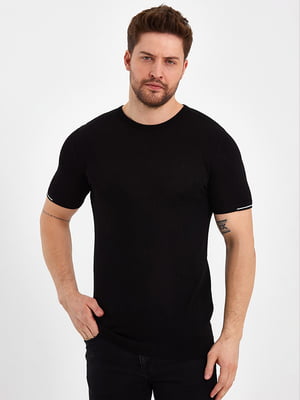 Бавовняна чорна футболка з ребристим оздобленням манжет та горловини | 6728941