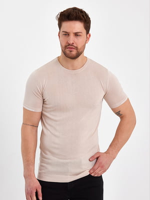 Бавовняна бежева футболка з ребристою обробкою манжет і горловини | 6728943