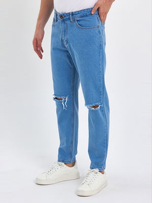 Блакитні прямі джинси з розрізами | 6729195
