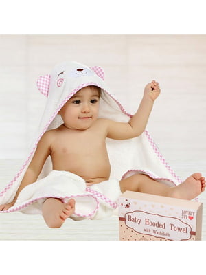 Дитячий рушник з капюшоном білого кольору з рожевою окантовкою (90х90 см) | 6730724