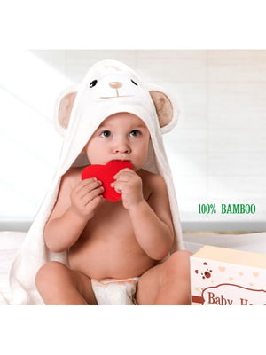 Дитячий білий рушник з капюшоном Ведмедик з коричневими вушками ( 90 х 90 см) | 6730726