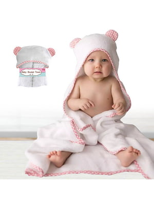Дитячий рушник з капюшоном білого кольору та рожевими вушками(100*70 см)  | 6730728