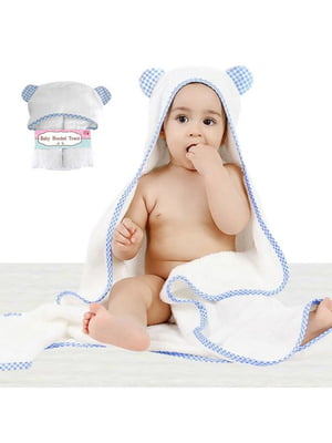 Дитячий рушник з капюшоном білого кольору та блакитними вушками(100*70 см)  | 6730729