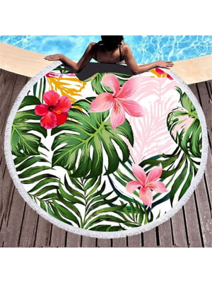 Пляжний різнокольоровий махровий рушник з бахромою та принтом “Тропічні квіти” (150 см)  | 6730745