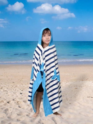 Дитячий махровий рушник з капюшоном Lovely Svi (76 х127 см) блакитного кольору в смужку з принтом “ Дельфін” | 6730748