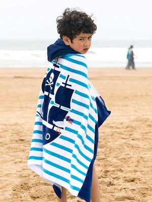 Дитячий махровий рушник з капюшоном Lovely Svi (76 х127 см) синього кольору в смужку з принтом “ Корабель” | 6730749