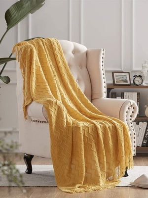 Плетений плед - покривало Lovely Svi жовтого кольору з бахромою (127x152 + 15 см) | 6730783