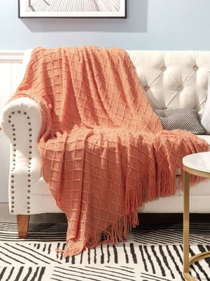 Плетений плед - покривало Lovely Svi з бахромою теракотового кольору в ромб (127x152 + 15 см) | 6730787