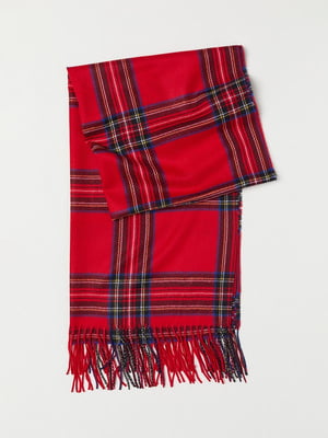 Червоний шарф в клітку з бахромою | 6735537