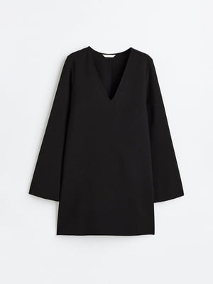 Коротка чорна сукня з V-подібним вирізом та довгим рукавом | 6735592