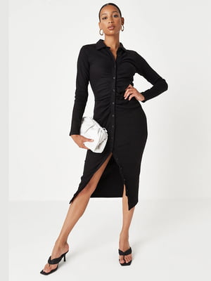 Чорна сукня-міді на гудзиках з довгим рукавом | 6735593