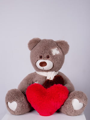 Ведмедик з латками плюшевий із сердечком "Эндрю" (80 см) - капучіно | 6735812