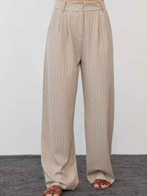 Широкие кофейные брюки в полоску из костюмной ткани | 6736084