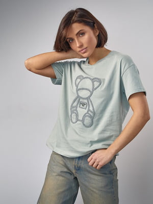 Трикотажна футболка кольору хакі з ведмедиком | 6736109