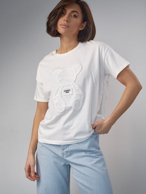 Трикотажная молочная футболка с медвежонком | 6736110