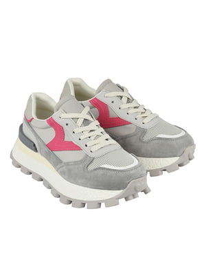 Сірі замшеві кросівки з рожевими вставками на високій платформі | 6736140