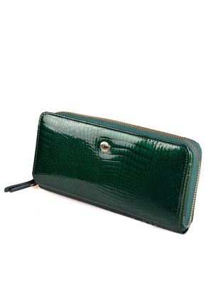 Кожаный зеленый кошелек-клатч на молнии с визитницей | 6736805