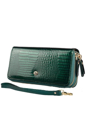 Шкіряний зелений гаманець-клатч на дві блискавки | 6736808